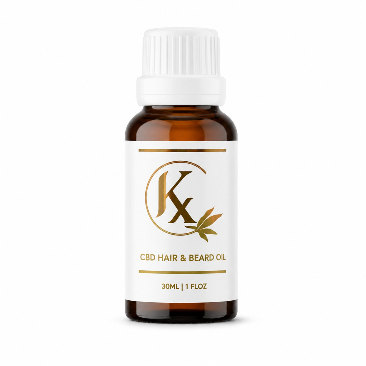 Bottle of hemp hair and beard oil with a white cap on a white background