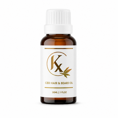 Bottle of hemp hair and beard oil with a white cap on a white background