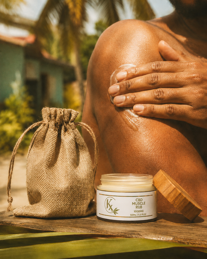 Person applying Kx Muscle Rub to their shoulder with a burlap bag and jar in the foreground.