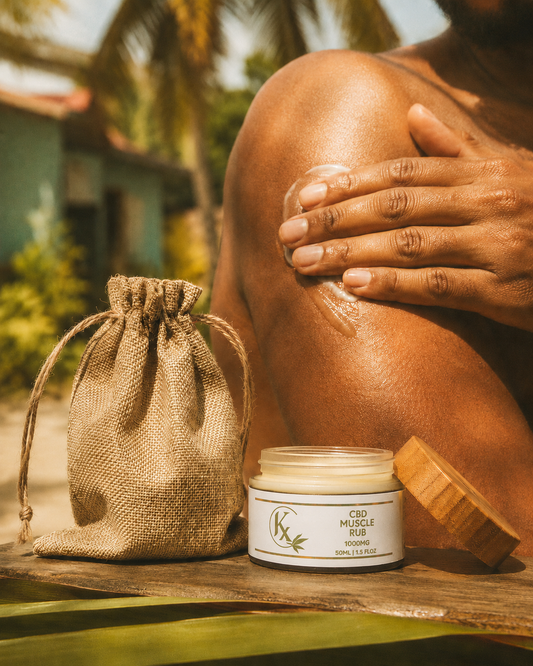 Person applying Kx Muscle Rub to their shoulder with a burlap bag and jar in the foreground.