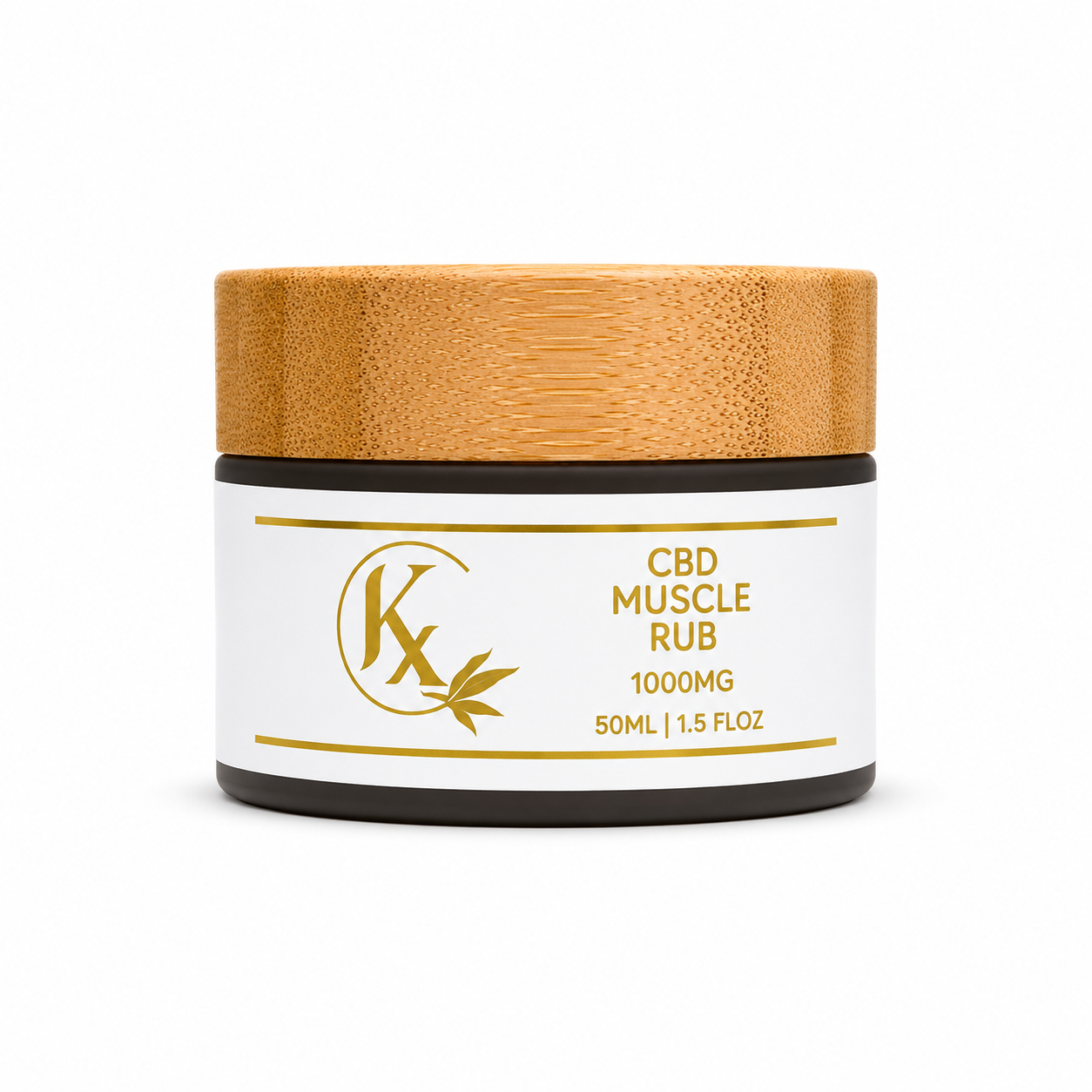 Jar of Kx Muscle Rub with wooden lid on a white background