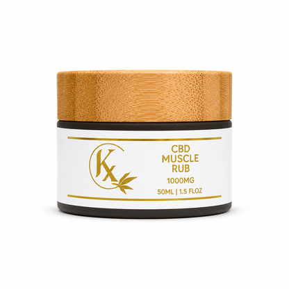 Jar of Kx Muscle Rub with wooden lid on a white background