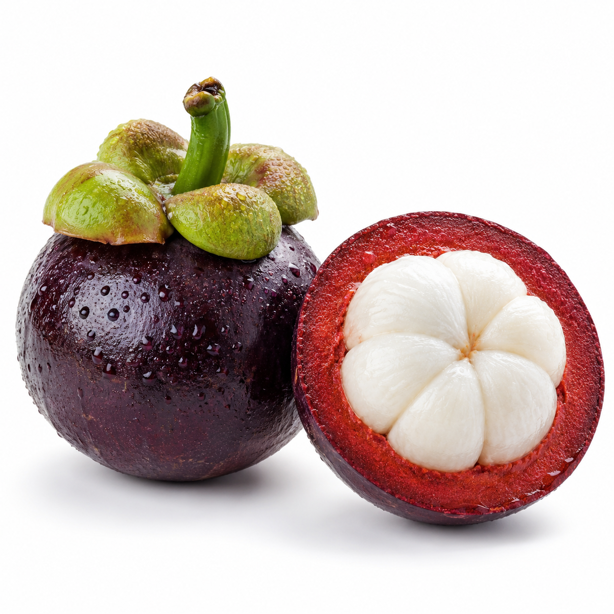 Mangosteen fruit with a cut open to reveal its white flesh on a white background