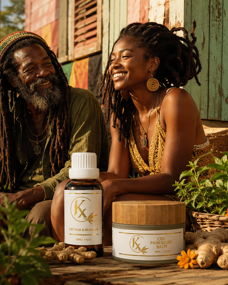 Two people sitting outdoors with a bottle and jar of Kiva Confections products.