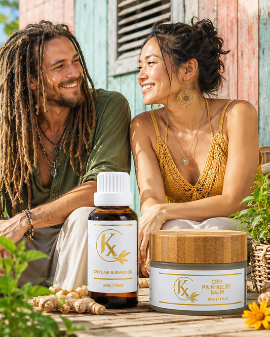Man and woman sitting outdoors with a bottle and jar of skincare products on a table.