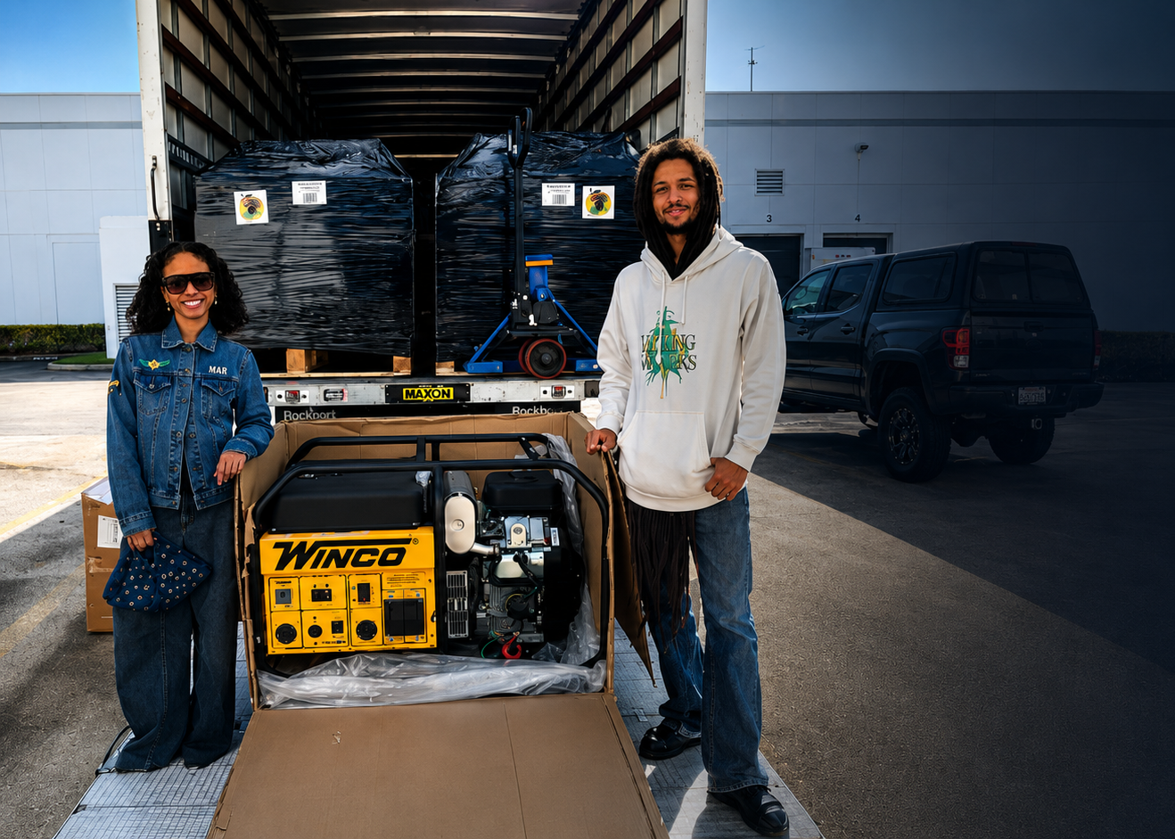 Two people standing next to a Winco generator in the back of a truck.
