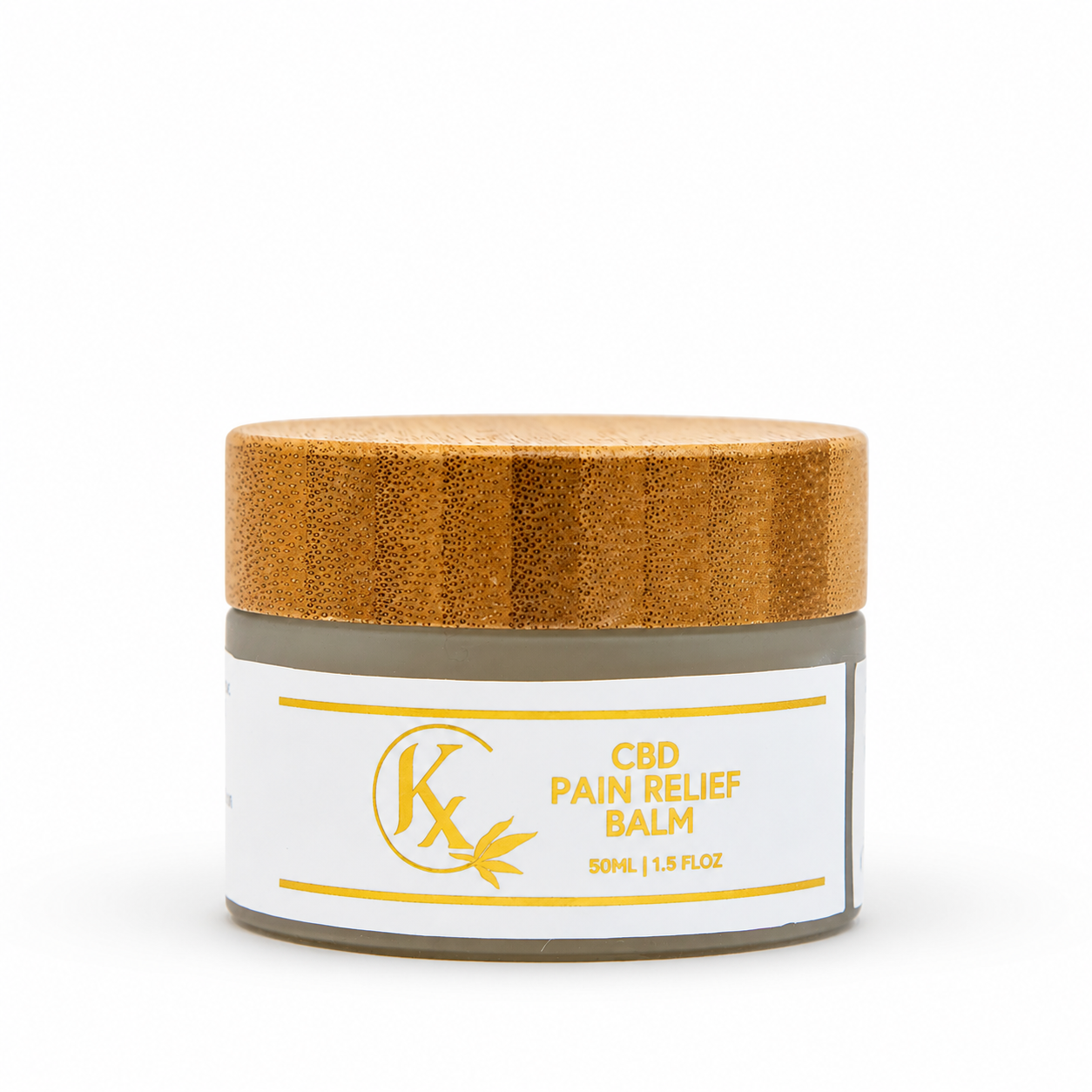 Jar of CBD Pain Relief Balm with wooden lid on a white background