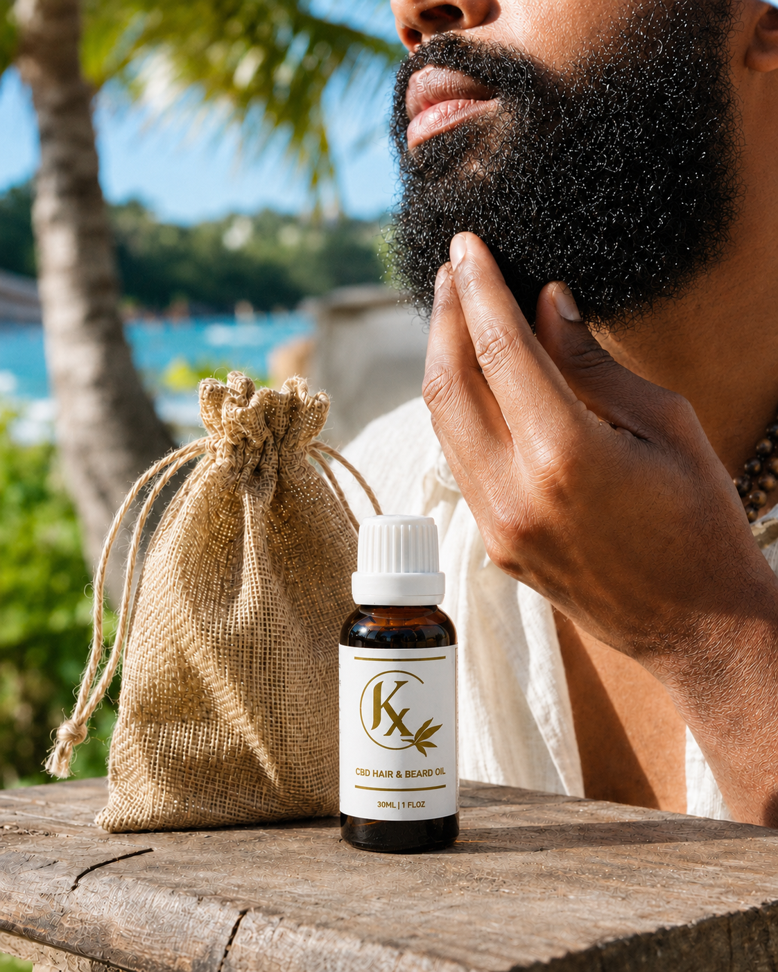 Man applying hair oil with a bottle and drawstring bag on a wooden surface outdoors.