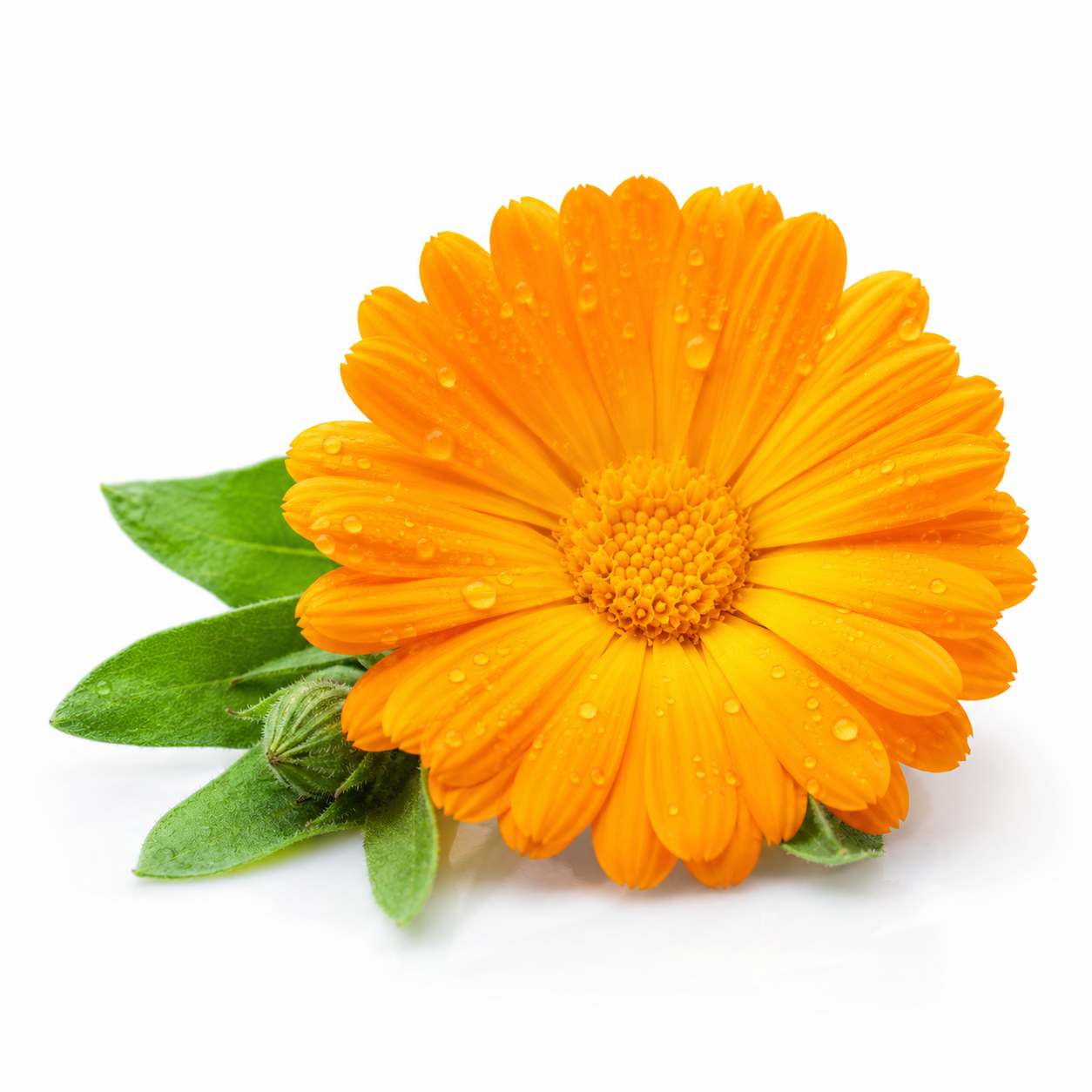Orange flower with water droplets on a white background