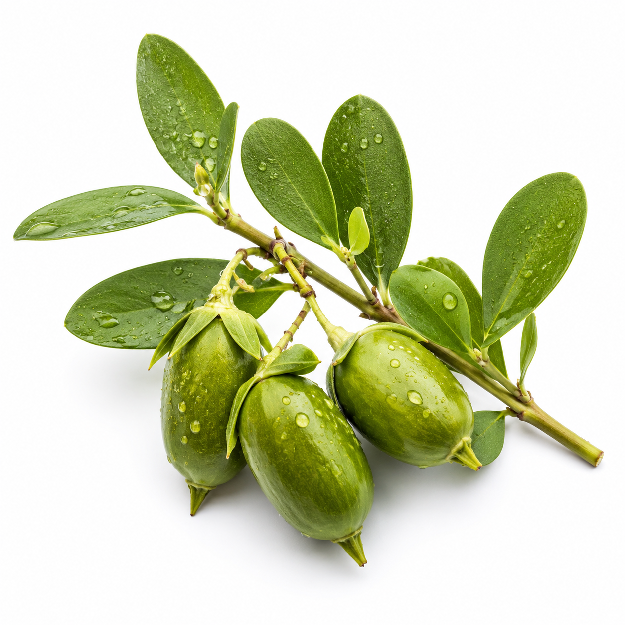 Green fruits on a branch with leaves on a white background