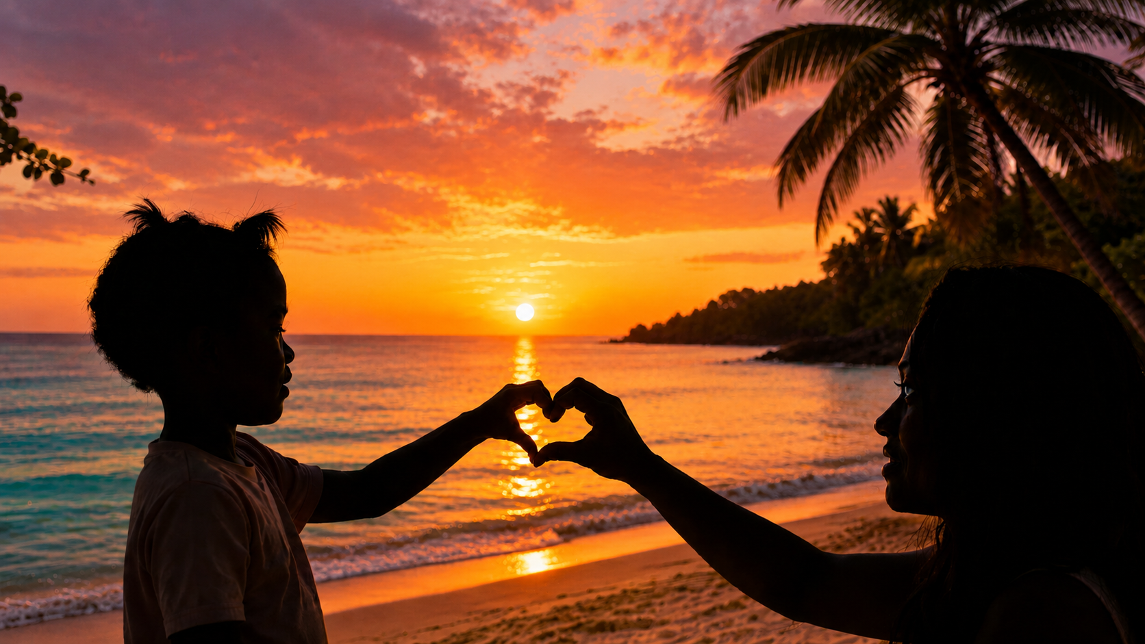 Two people on a beach at sunset, making heart shapes with their hands.
