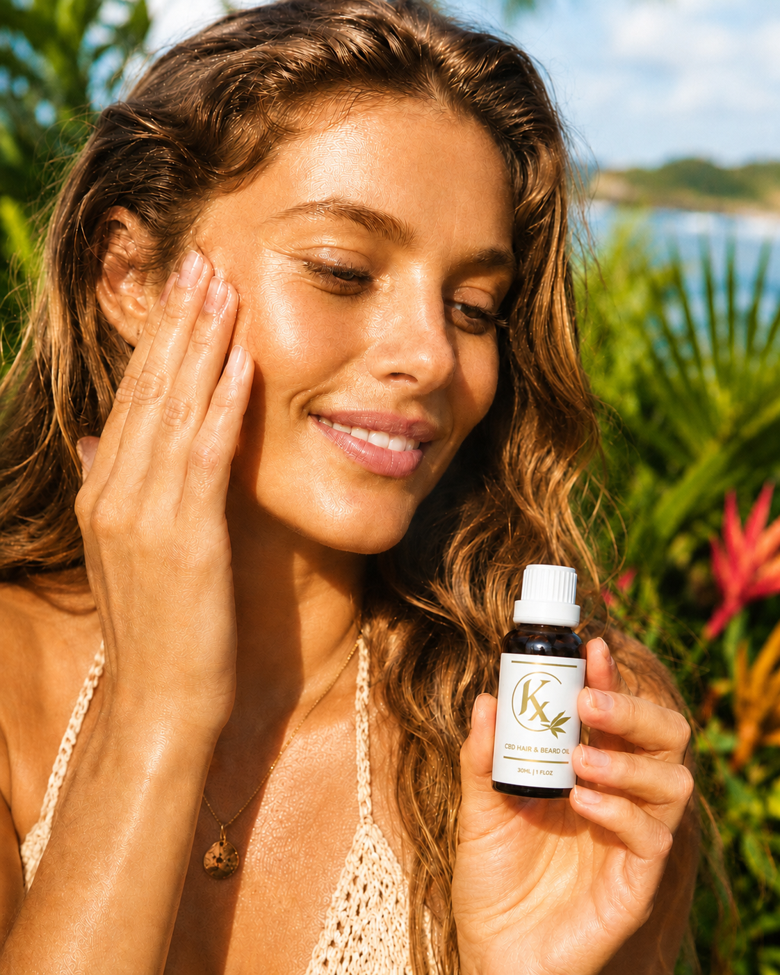 Woman applying sunscreen to her face with a bottle of sunscreen in a tropical setting