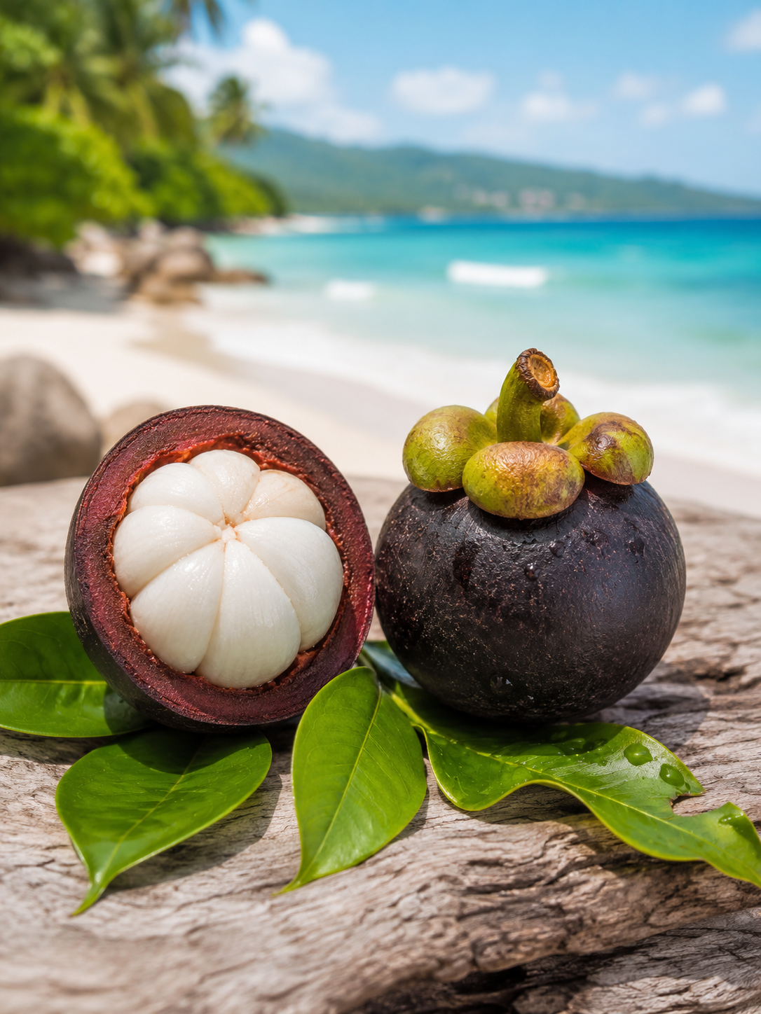 Mangosteen fruit on a beach with ocean and mountains in the background